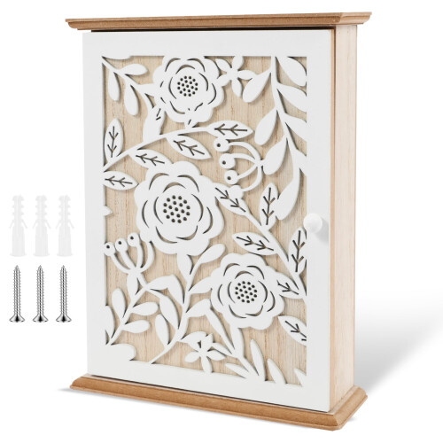 Wood Key Box with 6 Hooks for Home Decor