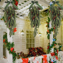 Christmas Garland & Upside Down Rattan Tree (70cm/27.6"), Indoor Hanging Wall Decor, Front Door Feature – Green