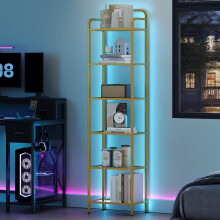 Tall Narrow Bookshelf with LED Lights Tempered Glass Steel