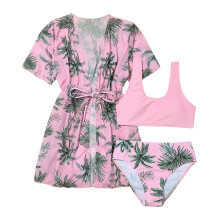 Girls' floral print bikini set with cover-up, green and