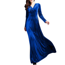 Women's Dark Blue Velvet V-Neck Party Dress Autumn Winter