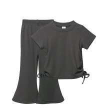 Girls Clothes Girls Summer Outfits Solid Color Drawstring Short Sleeve Flared Pants Two Set Clothes For Girls 10-12 (Gray2,140)