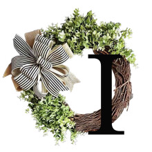 15" Personalized Farmhouse Front Door Wreath with Bow, Rattan Garland & 34-Letter Last Name Sign – Compatible with Indoor/Outdoor Use