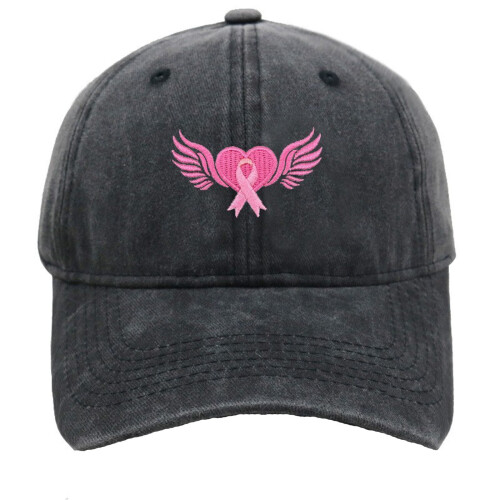 Pink Ribbon Embroidered Wings Baseball Cap Adjustable Denim