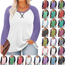 Damski top typu raglan w dużym rozmiarze, swobodny, z okrągłym dekoltem, w jednolitym kolorze