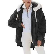Dames winterjas met capuchon van pluche, ook verkrijgbaar in grote maten.