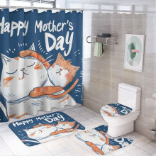 Happy Mother’s Day 4-Pc Cat & Kitten Shower Curtain Set w/ Rug, Toilet Lid Cover & Bath Mat – Waterproof, Compatible with Standard Showers