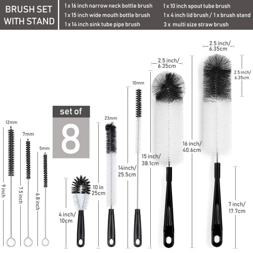 ZOUYUE bottle cleaning brush set long handle black 8 pcs 2