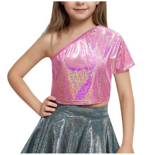 Girls One-Shoulder Short-Sleeve Sequin Crop Top