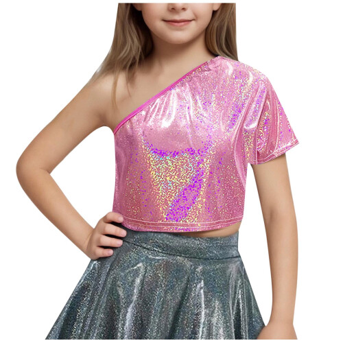Girls One-Shoulder Short-Sleeve Sequin Crop Top