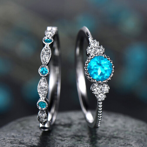 925 Sterling Silver Emerald Ring Set Vintage Style 2 Pieces 1