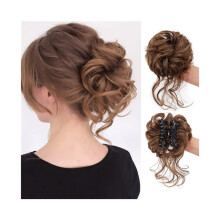 Synthetic messy bun hair piece with tendrils and claw clip