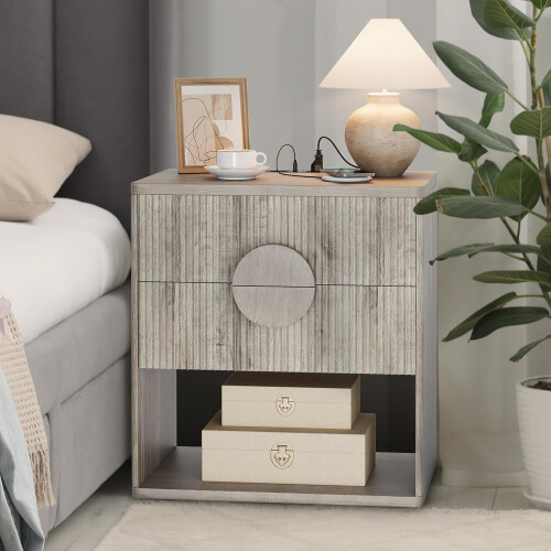 Fluted Nightstand with Charging Station 22.6" 2 Drawers 1