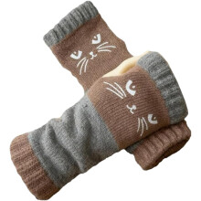Cat Embroidery Fingerless Knit Gloves for Women