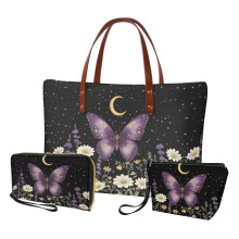 Butterfly Daisy Moon Print PU Leather Handbag Set with Waterproof Cosmetic Pouch, Card Holder & Wallet – Compatible with Daily Use