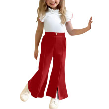 Girls Wine Two Piece Set, Ruffle Top & Flare Pants, Dressy Casual Church & Party Outfit for Kids Little Girls,Size 3-4 T