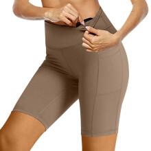 Womens High Waisted Yoga Shorts with Pockets, Tummy Control Workout Bike Shorts Buttery Soft for Gym Running Lounge, Taupe Brown,Size S
