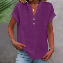 Women's Polyester V-Neck Short Sleeve Blouse Purple XL