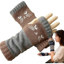 Women's Fingerless Knitted Gloves with Cat Embroidery