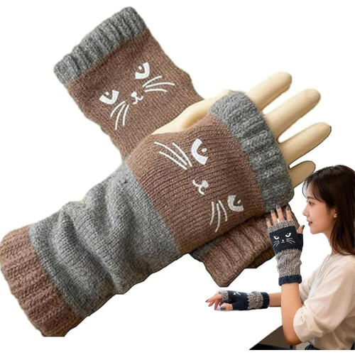 Women's Fingerless Knitted Gloves with Cat Embroidery
