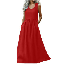 Women's Casual Maxi Dress with Pockets, Red, Size S