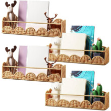 4 Pcs Scalloped Rattan Wall Shelves Boho Floating Rattan Scalloped Book Shelf Decorative Wall Mounted Bookshelf for Kids Nursery, 15.75 x 3.94 Inch