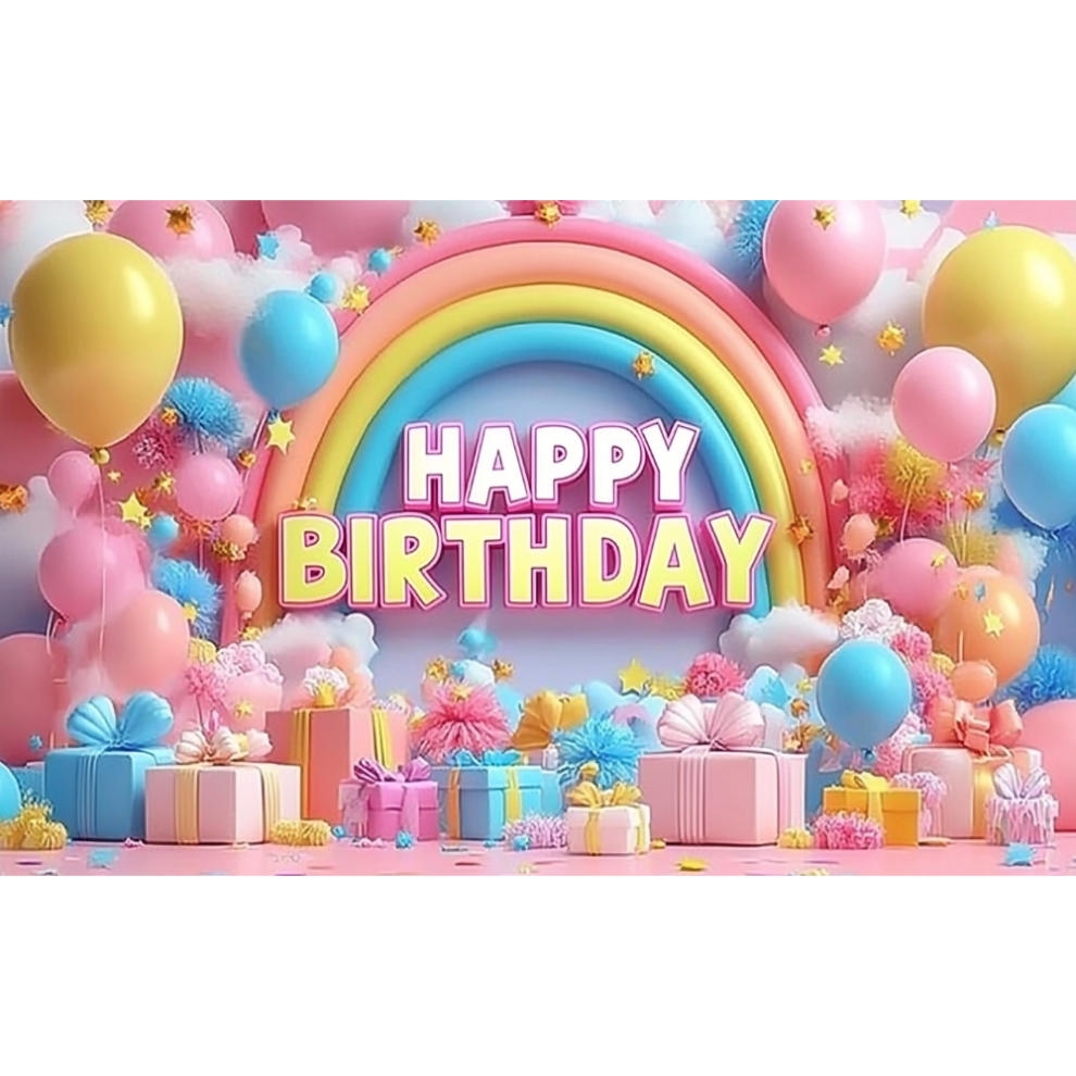 Polyester Birthday Banner Backdrop Rainbow Gift Box Balloons 900223331441