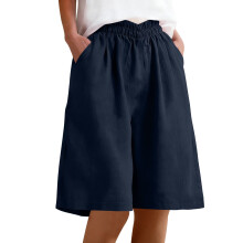Bermuda feminina azul marinho - Shorts de caminhada em linho misto com cintura elástica, comprimento até o joelho, modelagem relaxada, com bolsos,