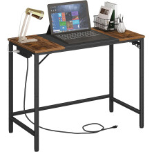 Computer Desk with Power Outlet and 3 Hooks Rustic Brown