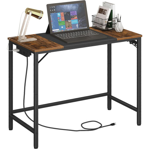 Computer Desk with Power Outlet and 3 Hooks Rustic Brown