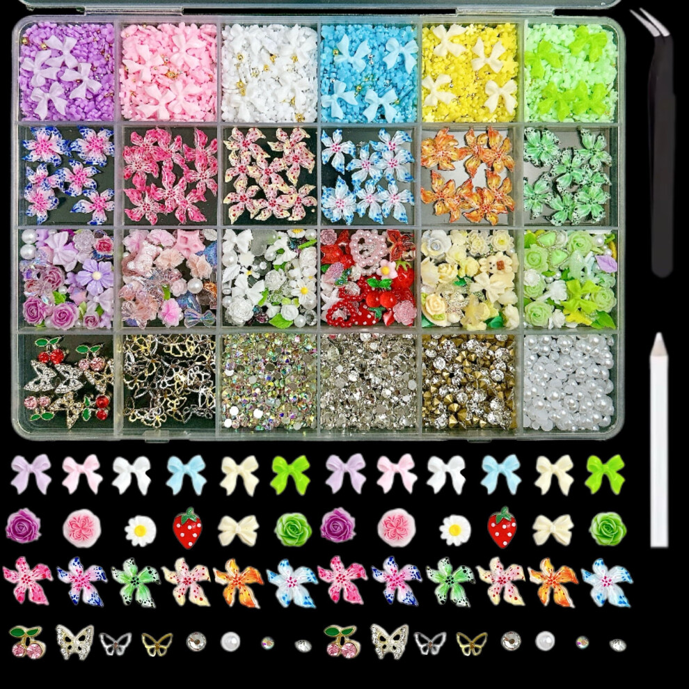 3D Flower Nail Charms Kit Metal Butterfly Cherry Bow