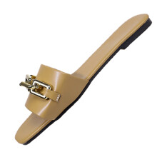 Khaki Women'S Casual Sandals Comfortable Slip-On Square Toe Flat Sole One-Strap Outdoor Indoor Summer Footwear Pu Size 36 Eu 0.45 Lbs