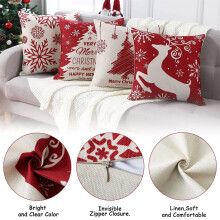 Christmas Pillowcase Set of 4, 18x18in Red Tree & Snowflake Design, Winter Holiday Cushion Covers