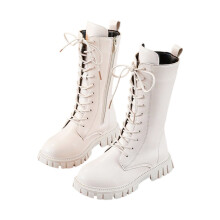 White lace-up combat galoshes with side zipper, knee-high,