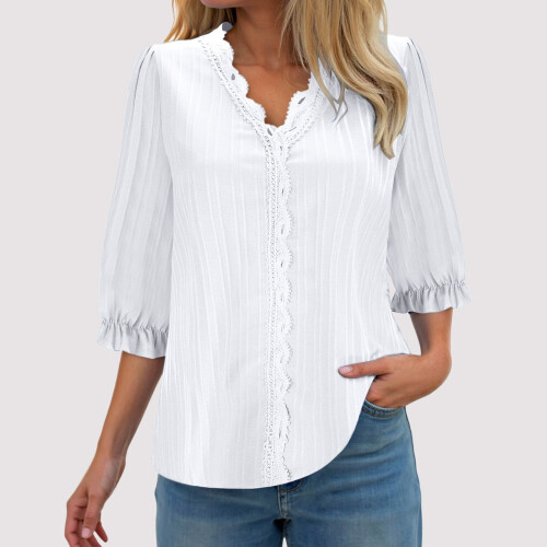 Γυναικείο T-Shirt με Χαλαρή Γραμμή και V λαιμόκοψη, Χρώματα Μπλοκ Μπλουζάκι, Λευκό XXL 1