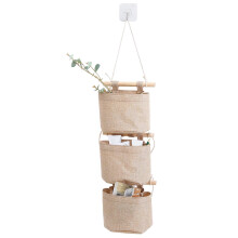 Mini sac de rangement suspendu en coton et lin avec 3 poches, organisateur de porte pour placard/salle de bain (kaki)