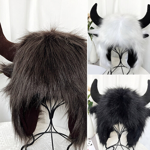 Winter Cow Horn Hat with Thunderbolt Design White
