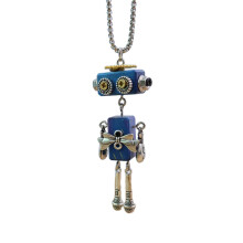 Halskette mit Anhänger in Form eines Holzblock-Roboters, verstellbares Lederband