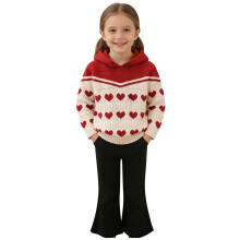 Girls Knit Lounge Pajama Set Red Heart Print Hoodie and