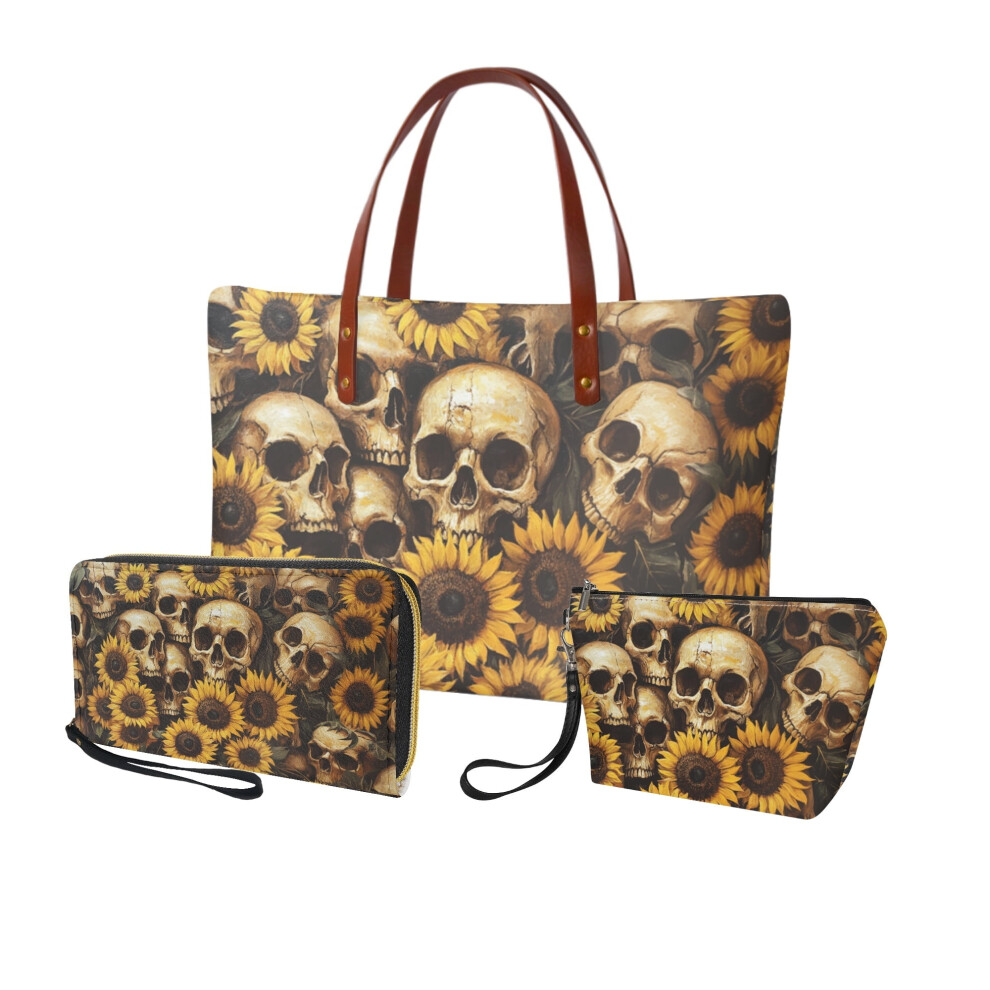 Skull Sunflower Tote Bag Set with Cosmetic Pouches PU