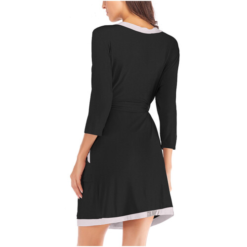 Women's Cotton Short Robe 3/4 Sleeve Color Block Wrap 2