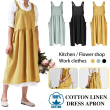 Vintage yellow cotton-linen apron women girls cross-back