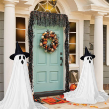 Halloween Porch Decor: Spooky Ghost Kit with Witch Hat & LED Lights – Compatible with Front Porch, Yard, Garden
