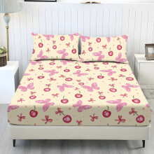 Ensemble de draps 3 pièces pour lit queen, imprimé papillons cerises et nœuds, (1 drap-housse + 2 taies d'oreiller), poches de 25 cm, beige doux.