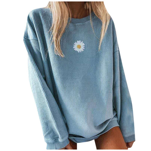 Women's Crewneck Oversized Corduroy Sweatshirt with Daisy