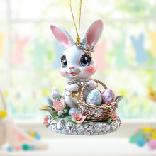 Decorazione pasquale in acrilico da appendere, coniglietto, ghirlanda di fiori, coniglio