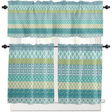Boho Kitchen Curtain Set Geometric Stripes Teal Blue Green