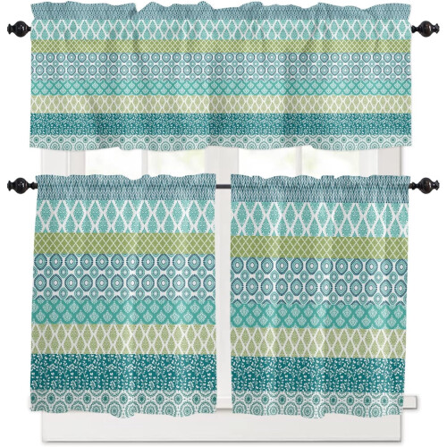 Boho Kitchen Curtain Set Geometric Stripes Teal Blue Green