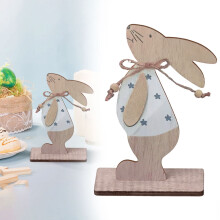 Rustic Farmhouse Wooden Easter Bunny Table Decor, Standing Figurine with Twine Bow & Button Accents, Neutral Spring Mantel/Tabletop Decor