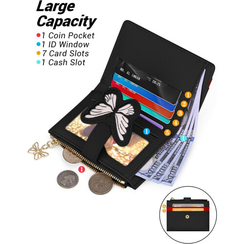 Dame Butterfly PU-læder bifold-pung med lynlåsmønt 1